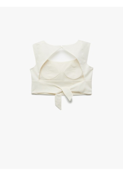 Koton Kırık Beyaz Kare Yaka Kap Kol Keten Crop Top Undetermıned 5sak30003pw Pfd
