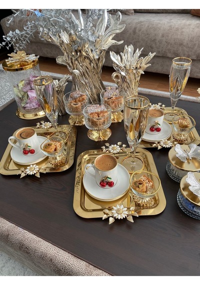Atabey Home Collection 6'lı Kahve & Çay & Sunum Tepsisi Çelik Gold Tepsi Papatya Model