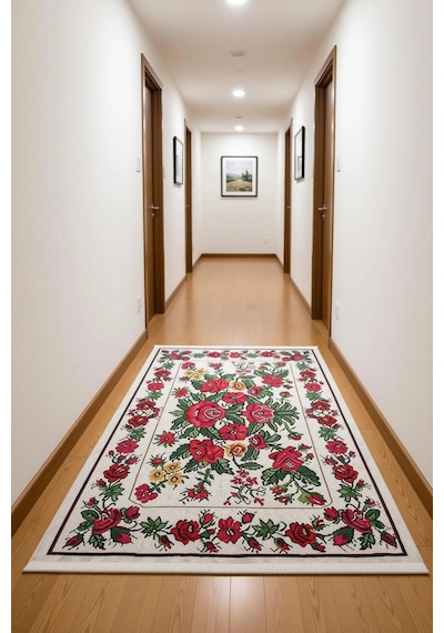 Blghome Dokuma Tabanlı Dijital Baskı Halı Blg3831 Ekru - Kırmızı