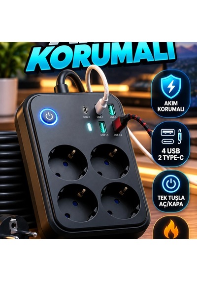 4 Prizli Akım Korumalı Uzatma Prizi 4 Usb Ve 2 Type-c Girişli Diğer