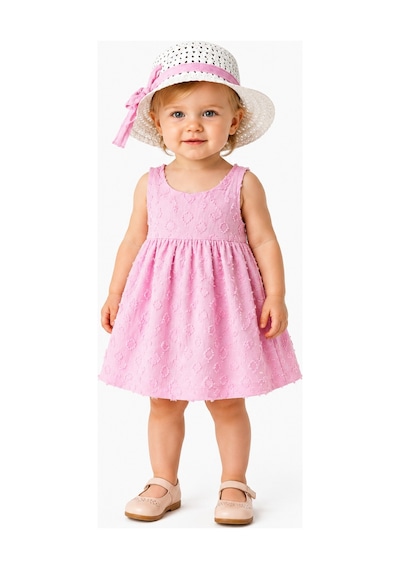 Chicsy Baby Kız Bebek Kabartma Desenli Elbise Şapkalı Yazlık Elbise Sırt Fiyonk Detaylı Pamuklu 2 Parça Bebek Takımı Pembe