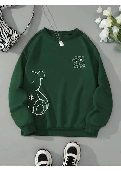 Ok Bear Sweatshirt - Yeşil Baskılı Oversize Kalın Kışlık Bisiklet Yaka Yeşil