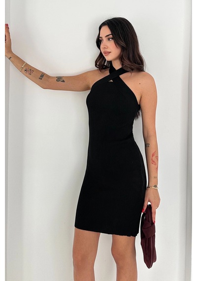 Asprin Fashion Çapraz Yaka Triko Elbise Siyah Siyah