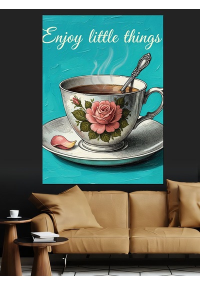 Karizma Tablo Vintage Çay Saati Kupası Dekoratif Kanvas - Mdf Ahşap Tablo