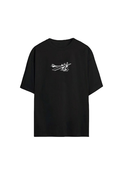 Thewert Unisex Antika Uçak Baskılı Siyah Oversize Tshirt