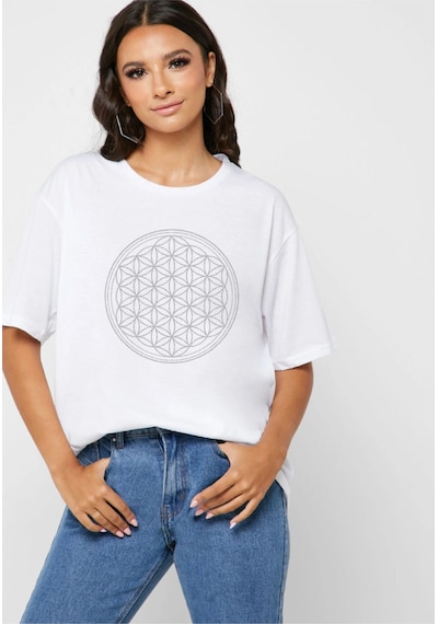 Yaşam Çiçeği Oversize Tişört Beyaz