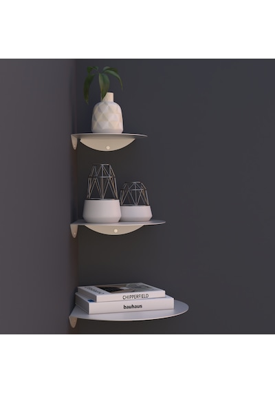 Oval Metal 3'lü Duvar Köşe Rafı Modern Dekoratif Raf Seti Beyaz