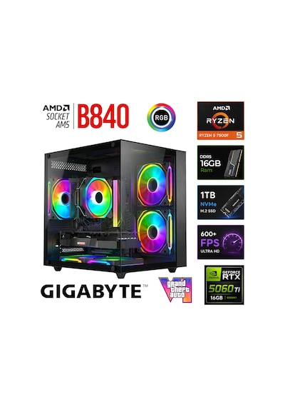 Xaser Monark X50 R5 7500F 16 GB 1 TB M.2 Nvme SSD 16 GB RTX5060 Ti Free Dos Masaüstü Oyuncu Bilgisayarı