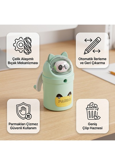 Bakgelal Panda Figürlü Kollu Kalemtraş Hazneli Masaüstü Manuel Kalem Açacağı - 9073341767124