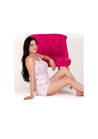 Kadın Kalp Desenli Yumuşak Dokulu Penye İp Askılı Şortlu Pijama Takımı Pembe