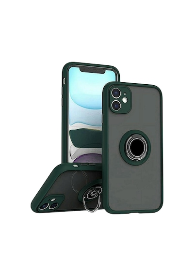 Apple Uyumlu iPhone 11 Kılıf Yüzüklü Standlı Extra Darbe Koruma Sert Silikon Kapak Yeşil