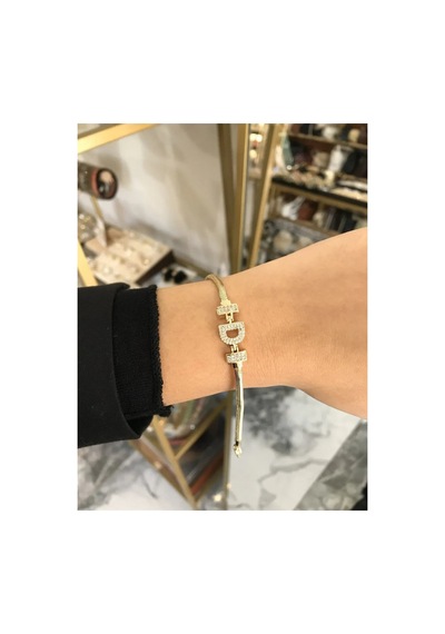 Harf Detaylı Taşlı Yılan Sırtı Model Bileklik D Harfi Kararmaz Altın