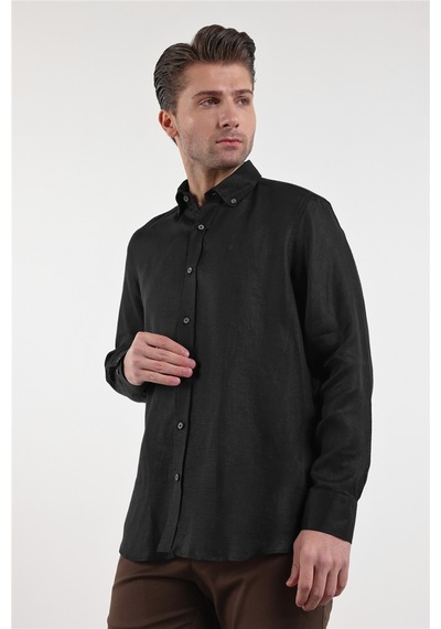 İmza Uzun Kol Düz Keten Düğmeli Yaka Cepsiz Casual Comfort Fit Gömlek 1004250114 Siyah