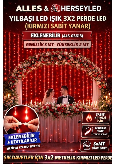 Yılbaşı Led Işık 3x2 Perde Led Kırmızı Sabit Yanar Eklenebilir Kırmızı