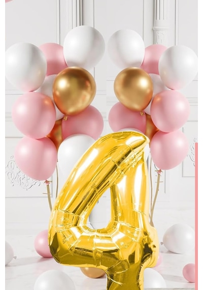4 Yaş Retro Gold Pembe Beyaz Balon Seti Gold Rakamlı Doğum Günü Balonu Şık Parti Süsleme Çok Renkli