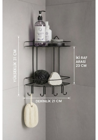 Banyo Köşe Rafı Askılı Duş Organizeri Ve Şampuanlık 2 Katlı Siyah Ek-02 Siyah