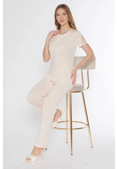Kısa Kol Klasik Zakkum Pijama Takımı Dantel Detaylı Flz 88-114 Bej