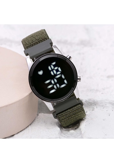Haki Yeşil Cırtlı Yapışır Kordon Unisex Erkek Yetişkin Çocuk Dijital Saat St-304058