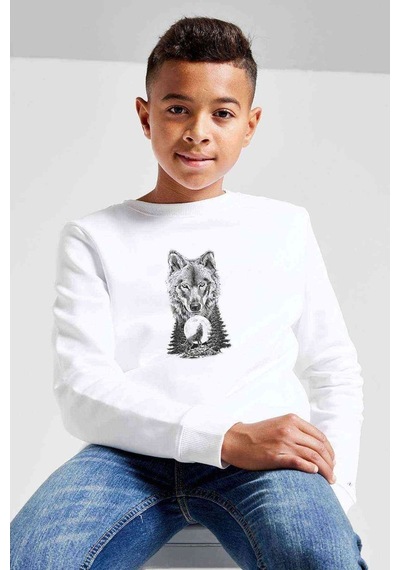 Tshirthane Kurt Dolunay Baskılı Unisex Çocuk Beyaz Sweatshirt Beyaz
