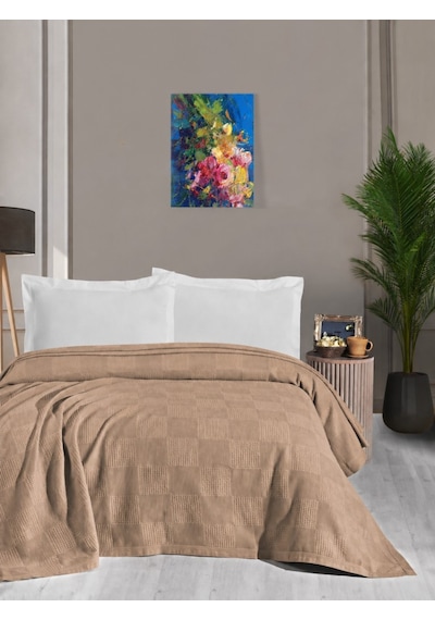 Waflle Desenli Pike Battaniye %100 Pamuk Kalın İplik Yumuşak Battal Boy 240 X 260 Kahverengi