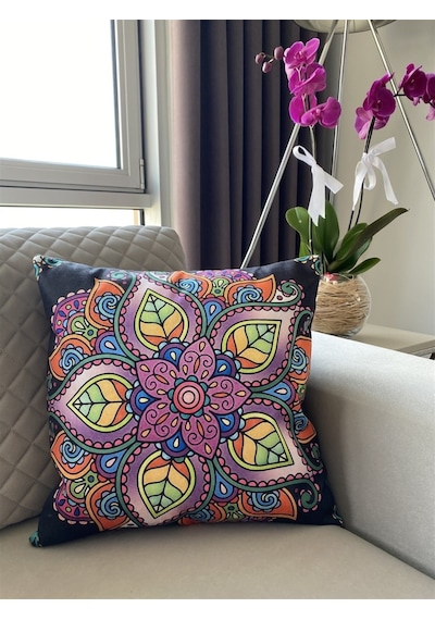 Çift Taraflı Mandala Desenli Dekoratif Kırlent Kılıfı (473326891)