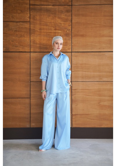 Verymoda Yüksek Bel Bol Paça Saten Pantolon Şık Ve Rahat Tasarım F2052 Mavi