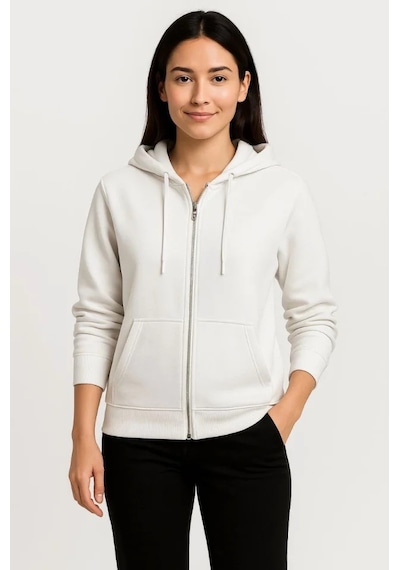 Üç İplik Kapüşonlu Tam Fermuarlı Kanguru Çepli Sweatshirt Hoodie - Beyaz