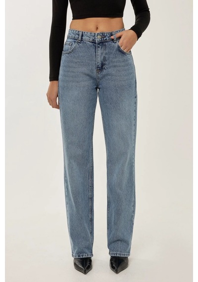 Hiccup Orta Bel Straight Leg Jean Koyu Mavi Denim