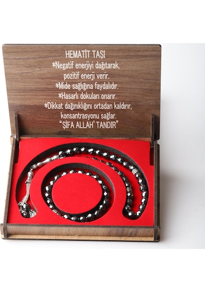 Özel Kutulu Doğal Hematit Taşı Tesbih Ve Bileklik Seti