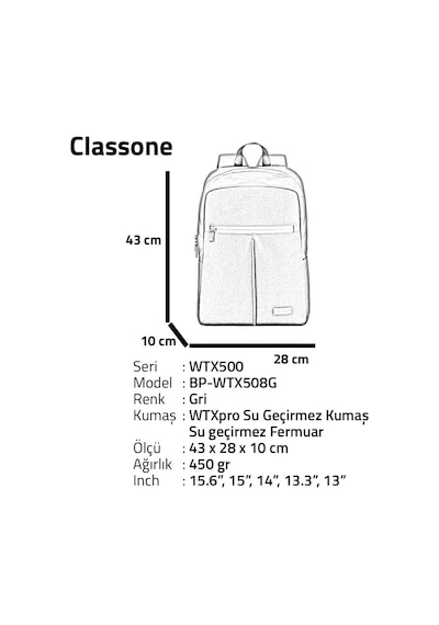 Classone BP-WTX508G 15.6" Su Geçirmez Kumaş Fermuar Notebook Laptop Çantası
