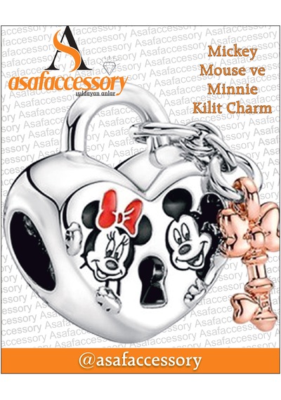 Mickey Mouse Ve Minnie Kilit Charm Gümüş
