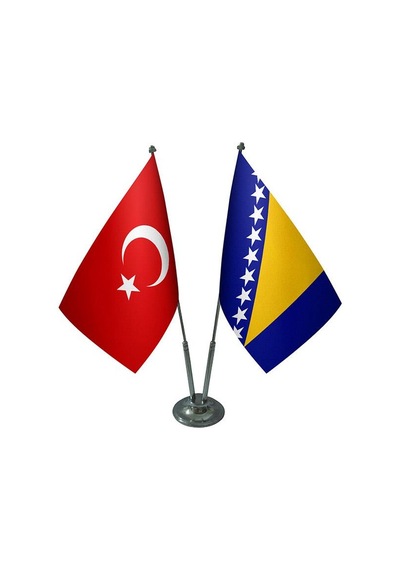 Masa Üstü Bosna Bayrağı Türk Bayrağı İkili Krom Direk Masa Bayrak
