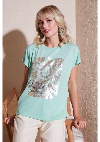 Lela Baskılı Bisiklet Yaka Regular Fit Bayan T Shirt 6671001 Mint