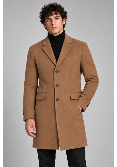 Maison Rae Erkek Vizon, Slim Fit Kaşe Kaban Klasik Yaka 3 Düğmeli Uzun Kesim Kışlık Palto