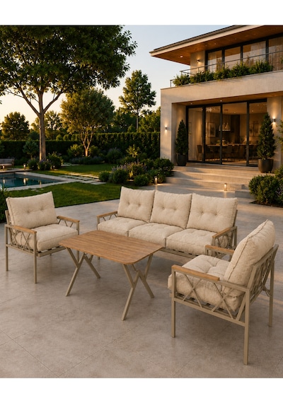 Miray Cappuccino 311 Masalı Bahçe & Balkon Oturma Grubu 3+1+1 Metal İskelet, Bej Minderli