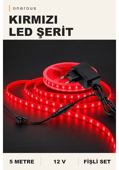 Onerous 5 M 12v Kırmızı Led Şerit, Fişli