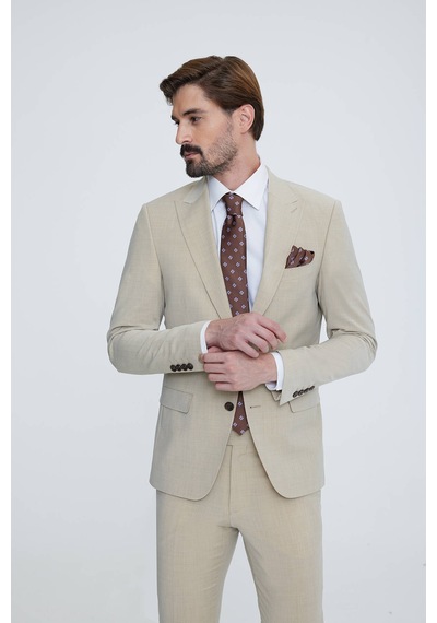 Ysf Erkek Bej Slim Fit Sivri Yaka Takım Elbise Bej