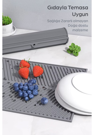 Elastik Bulaşık Matı Kokusuz Mutfak Su Tahliyesi 43x33 Cm Silikon Gri Diğer