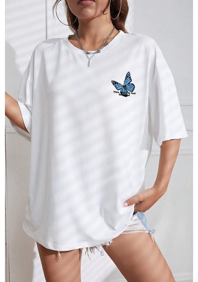Unisex Kelebek Baskılı Tasarım Tshirt Beyaz