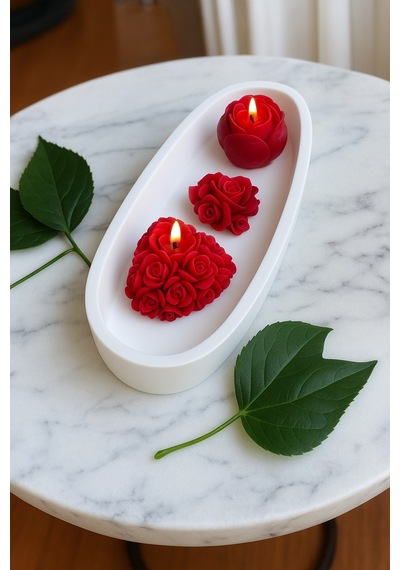Dekoratif Gül Şeklinde Kırmızı Mum Seti Romantik Hediyelik Beyaz