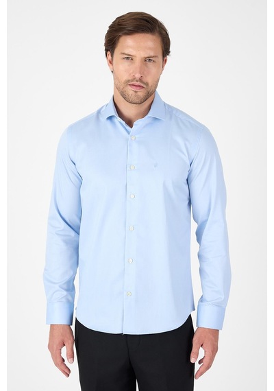 İmza Koyu Mavi Uzun Kol Yarım İtalyan Yaka Cepsiz Non Iron Slim Fit Pamuklu Gömlek 1004250267 Koyu Mavi