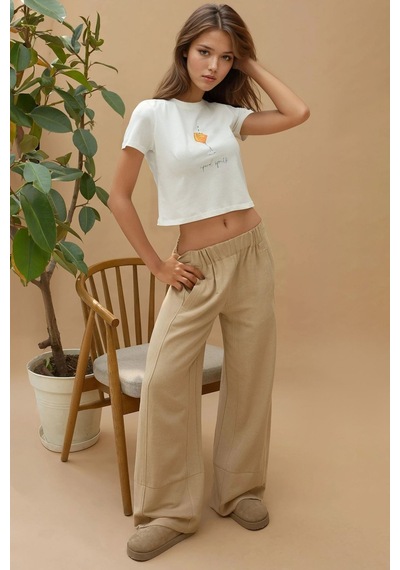 Hiccup Baskı Detaylı Regular Fit Bisiklet Yakalı %100 Pamuklu Crop T-shirt Beyaz