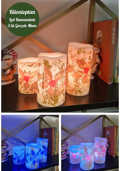 Yılbaşı Noel Temalı 3 Lü Set Led Gerçek Mum Kumandalı 9 Renk Yana Karışık