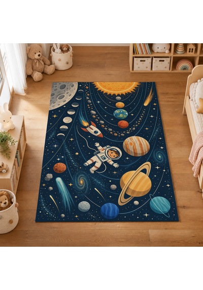 Kartela Halı Uzay Kaşifi Çocuk Oyun Halısı Kaymaz Dot Taban Yıkanabilir 120 X 180 Cm Çok Renkli