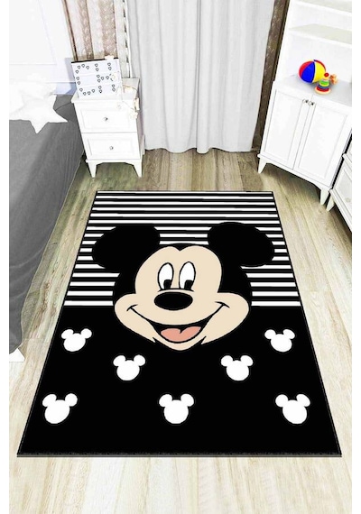 Siyah Kaymaz Tabanlı Yıkanan Miki Mouse Çocuk Halısı Ar790n11