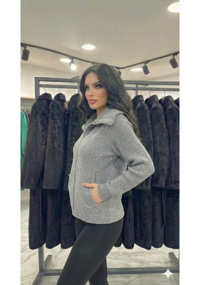 Ribana Classic Kadın Yaka Detaylı Astarlı Slim Fit Kısa Mont Gri