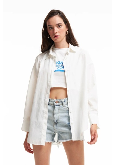 Quzu Oversize Ekru Kadın Gömlek 11478