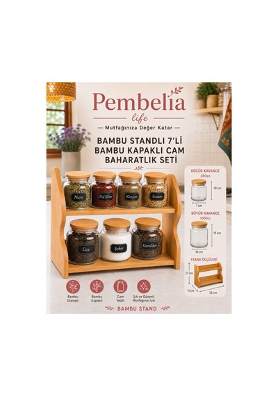 Bambu Standlı 7 Li Cam Baharatlık Seti Baharatlık Takımı Baharat Saklama Kabı Diğer