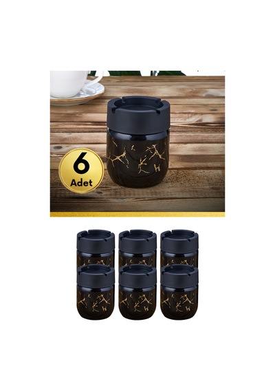 Grimorlife 6 Adet Siyah Bronz Mermer Desenli Dekoratif Cam Kokusuz Küllük Kül Tablası Seti 425 Cc