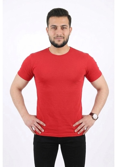 Novalisse Erkek Basic Tişört Bisiklet Yaka Kısa Kol Günlük Yazlık Slim Fit T-shirt - Kırmızı Çoklu Renk